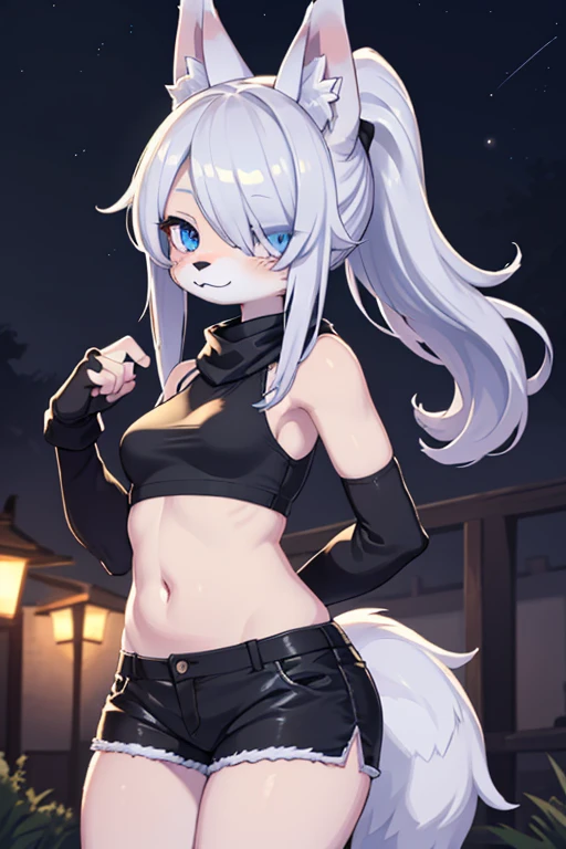 masterpiece, soft shading, perfect anatomy, perfect lighting, perfect focus, vibrant, solo, 1boy, Furry, furry wolf, anthropomorphic, male, silver fur, silver skin, red eyes, femboy, crop top, thong, shorts, sexy clothes, revealing clothes, 