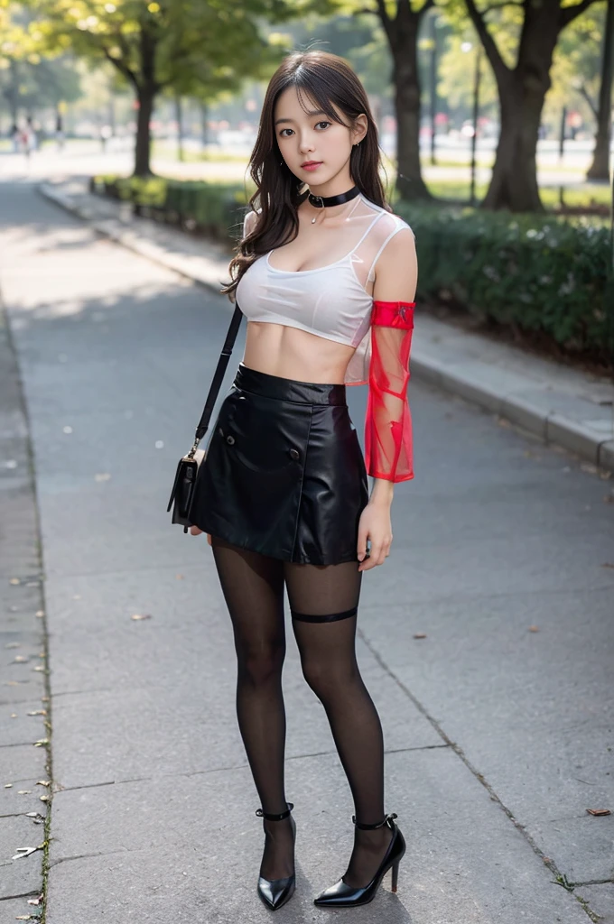 Young girl walking towards you, down stairs, park, black-red hair, ponytail, sexy top, big , miniskirt, overkneeboots, belly, belly chain, glasses, tattoo
