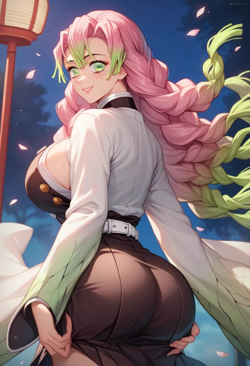 Masseter muscle part, highest quality, Super high resolution, highest quality, anime style, best lighting, beautiful face, masterpiece, 8K, High level image quality, High pixel count, 1 woman, 1 girl,solo, Pink and green gradient hair, yellow eyes, A big smile, Full body Esbian, (Face-centric:1.1), facing the front, wearing a uniform, village background, countryside village, upper body, (White haori:1.2), (small breasts:1.1), Green tights, Chest opens