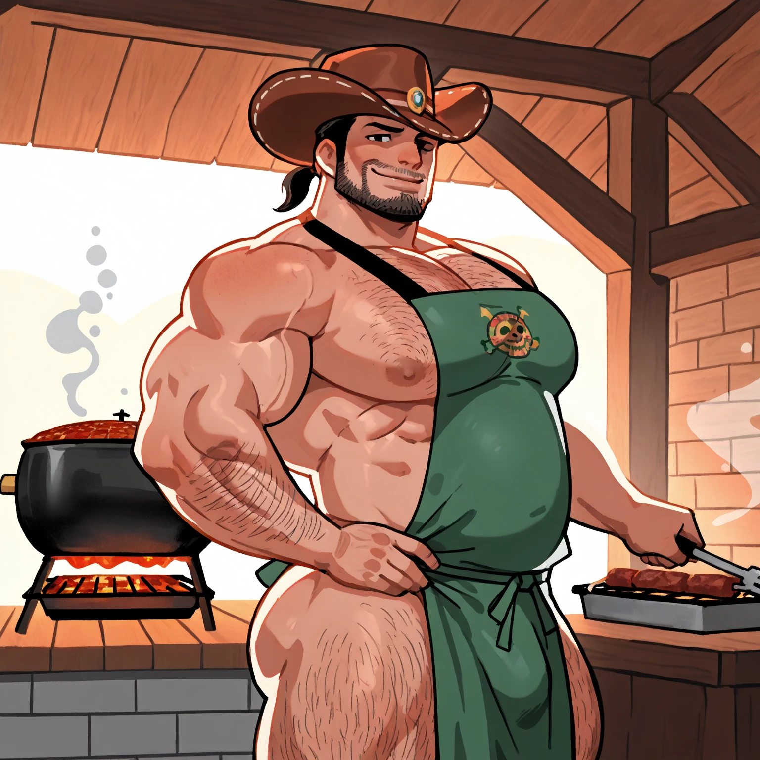 Joel Miller shirtless, b eard goatee, angry expression, detailed muscular wet body hairy, big hard long dick, in garden, making a barbecue, photorealistic, hyperrealistic, 8k, highly detailed, masterpiece, cinematic lighting, dramatic shadows.