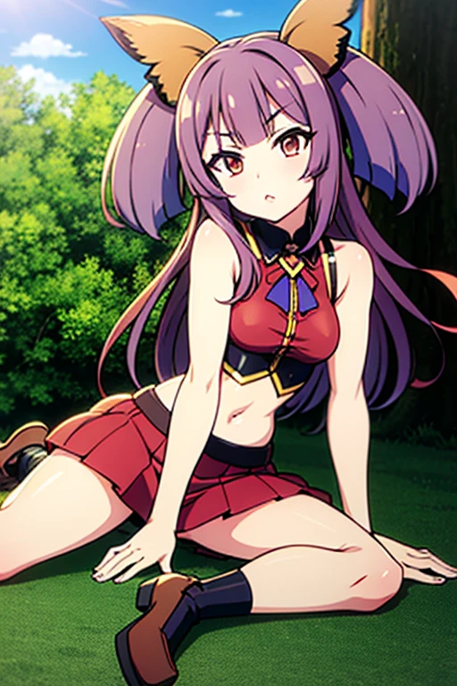1girl, solo, red eyes, (purple hair:1.3), (pink pants, pants:1.3), black shirt, sleeveless shirt, tank top, double hair bun, multicolored hair, sideboob, from behind, lowleg, butt crack, smile, open mouth, forest background, sitting on a rock, , thong, black thong