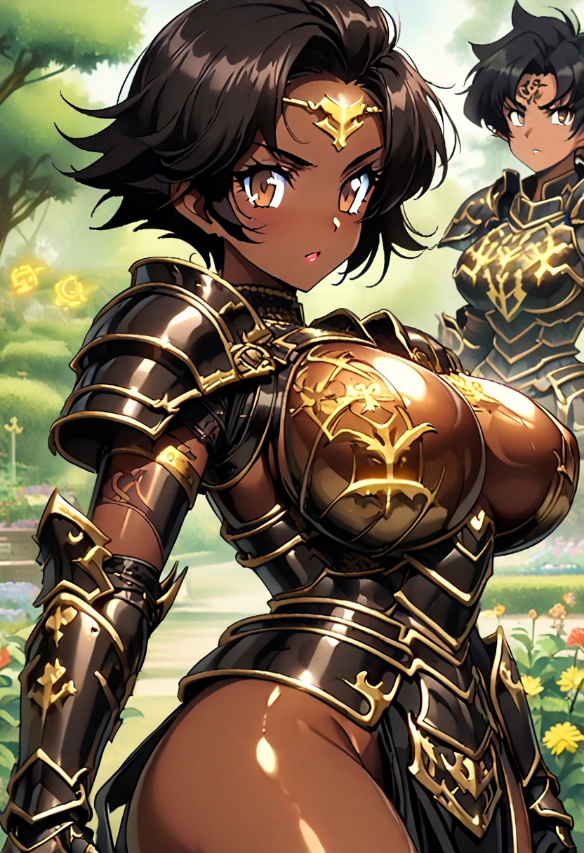 "(masterpiece:1.1), best quality, NSFW,
1girl, (80s anime style:1.3), (eyelashes:1.5), (loli:1.2),
(intricate high detailed body:1.2),
black hair, (forehead:1.1), (bob cut:1.1), (flower brooch, hair ornament:1.2),
blue eyes, (lip stick:1.3),
(pale skin:1.3), (small breasts:1.1),
(grin:1.2),
(golden embroidery bikini armor:1.2), (garter belt:1.2),
(knight armor, armored boots:1.2), (frill:1.1), (earrings:1.1), collar,
standing, claw pose,
(upper body, cowboy shot, looking at viewer, from front:1.1),
(daytime, grassland, outdoors:1.2)"
