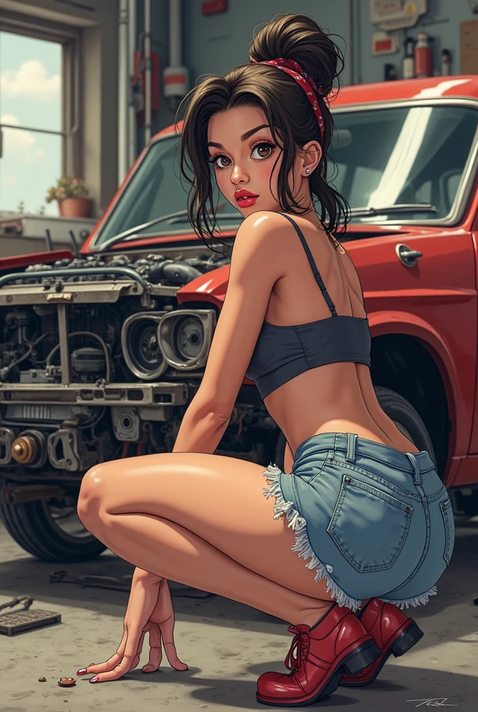 4k, digital painting, Comic Babes, araffe girl in red bra and white shorts leaning against a red truck, Isabela Moner, Instagram Model, thick thighs, Julia Fontes, sexy girl, beautiful young model, in the countryside, streetwear bra and shorts , sexy look, Portrait of Sophie Mudd, thighs, the extremely hot and sexy, exposed thighs, half pink, olivia de bernardinis