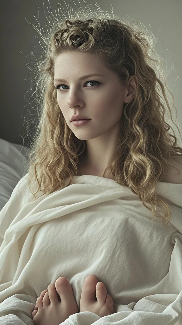 Photo of a 20-year-old European girl, raw, beautiful woman, (extra long wavy blonde hair), ((portrait)), ((detailed face: 1.2)), ((detailed facial features)), (finely detailed skin), pale skin, wrapped in a sheet, bedroom environment, sitting on the bed, (cold color), moist, moist, reflectors, (masterpiece) (perfectly proportioned) (photos realistic) (best quality) (detailed) photographed in a Canon EOS R5, 50mm lens, F/2.8, nfsw, (8K) (wallpaper) (cinematic lighting) (dramatic lighting) (foco nítido) (convoluted) fashion, from above