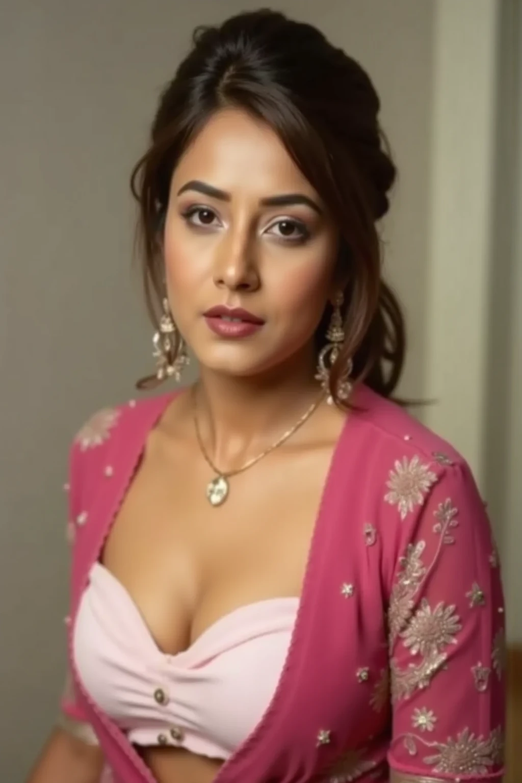 a potrait of a pakithani women in pink silk lehenga, face closeup