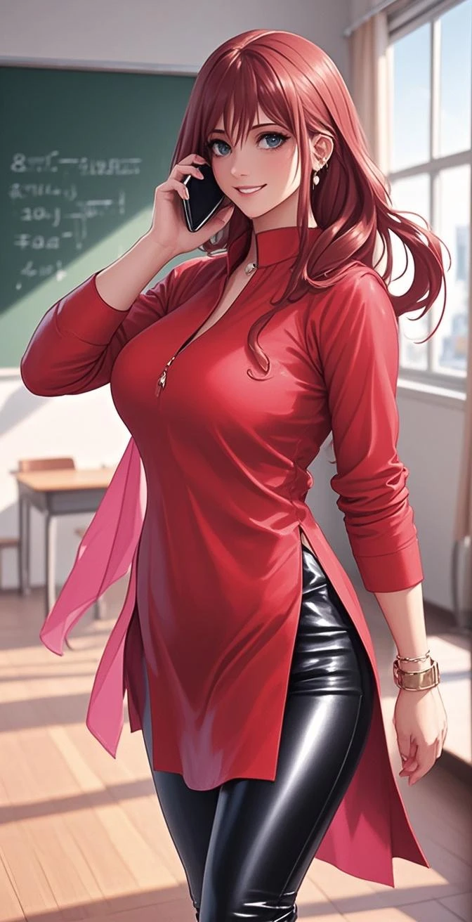 Anime Japanese woman, working woman, uniform, crimson hair, long hair, low ponytail, blue eyes, kimono-like scarlet shirt with large sleeves, oversized light grey slacks, beautiful E-cup breasts, nice buttocks, company hallway, carrying a samurai sword on her left hip