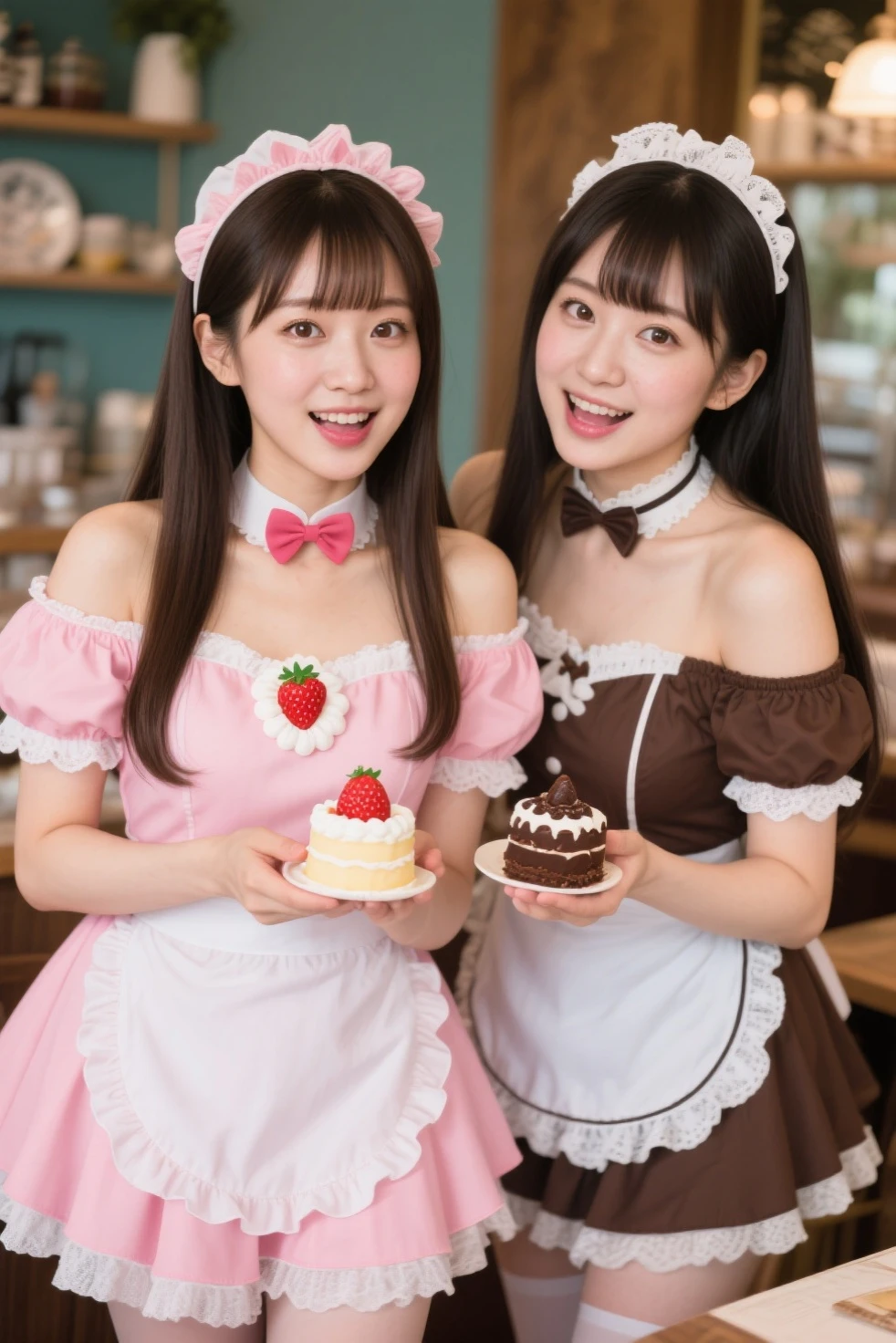 two girls, (Let's make chocolate for Valentine's Day:1.5), kitchen, high school girl, 18-year-old, Wearing a pink apron, Two people facing each other with smiles,