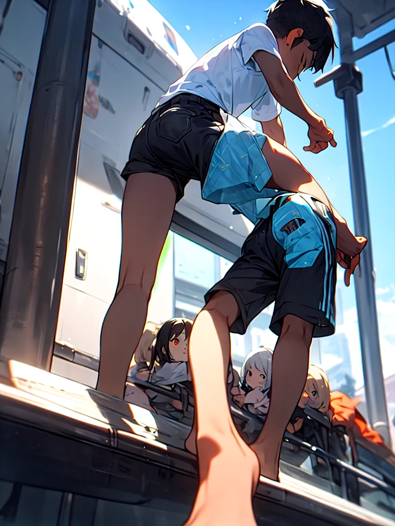 (((focus panties))), (I look up at the girls from the ground)、((A girl steps on a boy&#39;s penis with her foot and makes him ejaculate))、((A seductive wicked smile)), Yui、low length、(thin)、(((5 years old girl)))、(Bright white skin), (((child girl)))、Brown Hair、Messy hairstyle、(Forehead)、、Grey Eyes、Squint your eyes、white Cropped tank top、(covered nipples), ((Angle from below:1.5)), ((Black tight mini skirt))、belly button、(Thighs), White panties, crotch、(garter belt)、((foot)), (Angle from the bottom of the girl), ((Girl squeezes me with her ass))、Lift your legs a little、((Foot on penis)), In the classroom of an elementary school, ((girl is stomping boys penis)), 1boy is masochistic, boy is lying, (penis), The boy is exposing his crotch、((eject cum)), ((footjob))、