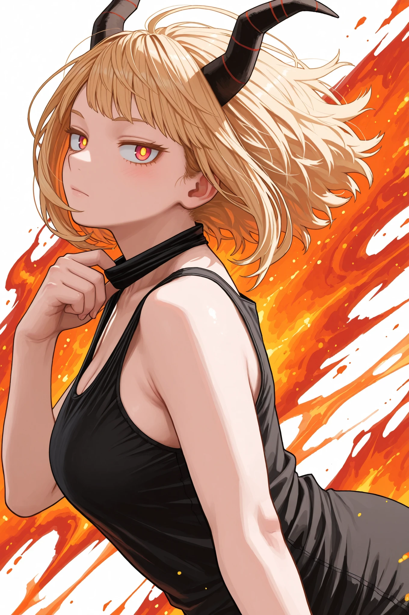 side view, pulling clothes, Kohei Horikoshi, My Hero Academia,(masterpiece, detailed:1.2),close up on body angle view, Best quality, score_9, score_8_up, dynamic pose, monochromatic color palette with deep red and orange accents, defusing light, glowing pupils, warm white skin, demon horn, clothed (blond hair, orange pupils), action : undress, room background