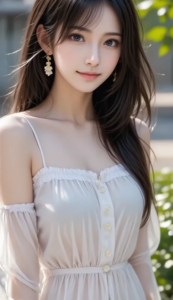 (RAW photos, best quality),(A girl with a literary atmosphere),Extremely refined, Astonishing, Fine details, masterpiece, Extremely detailed,high resolution,Long hair,Messy hair,(Soft lighting:1.4),(Smile),bay
