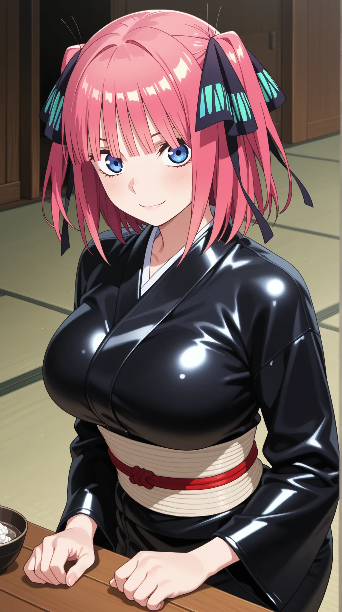 highest quality, High resolution, perfect pixel, Depth of the bounds written, 4k, beautiful anime girl, perfect body, 
looking at the viewer, 
Yuigahama Yui, 1 girl, short hair, pink hair, hair bun, pink eye, 
large breast, 

1girl, ninja costume, fishnet tights, standing, 
young girl, 
ponytail hair, 
outdoor, {{Japanese castle}}, facing the front, cowboy shot, solo focus, from outside, perfect face, perfect arms, perfect legs, perfect anatomy, intricate, (highly detailed),	