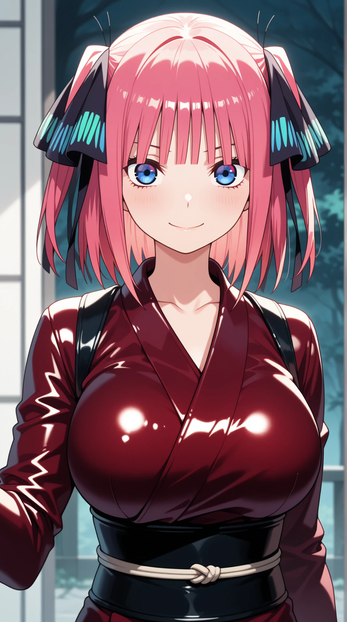(obra maestra, mejor calidad, empty city alley, at night ), detalles intrincados, 1chica, MitsuriKanroji, deslumbrante, cara sombreada, black kimono, white kimono, large breasts, cleavage