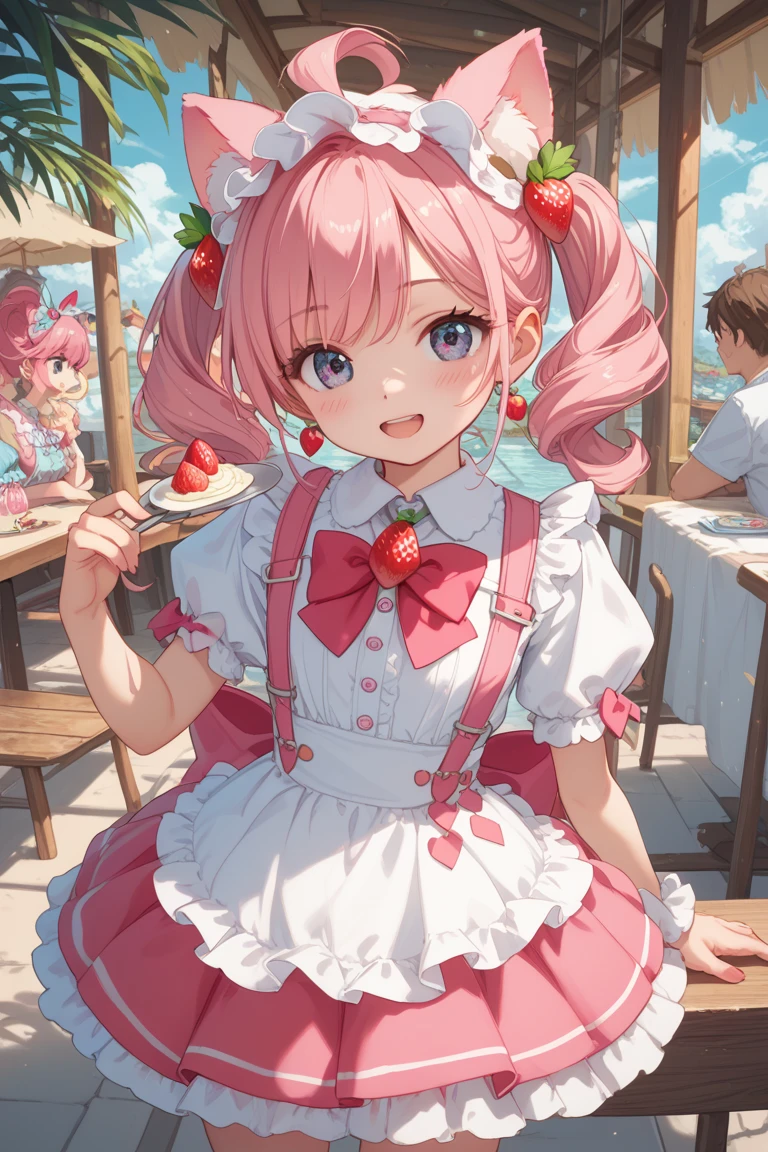 top quality、masterpiece、Magical girl with a fluffy strawberry shortcake as a motif、White and pink fluffy dress、Strawberry and cream decoration on the skirt、Strawberry hair ornament on the head、Fork-shaped magic stick on the hand、The background is a sweet country、The magical effect is a sparkling light like whipped cream、cute