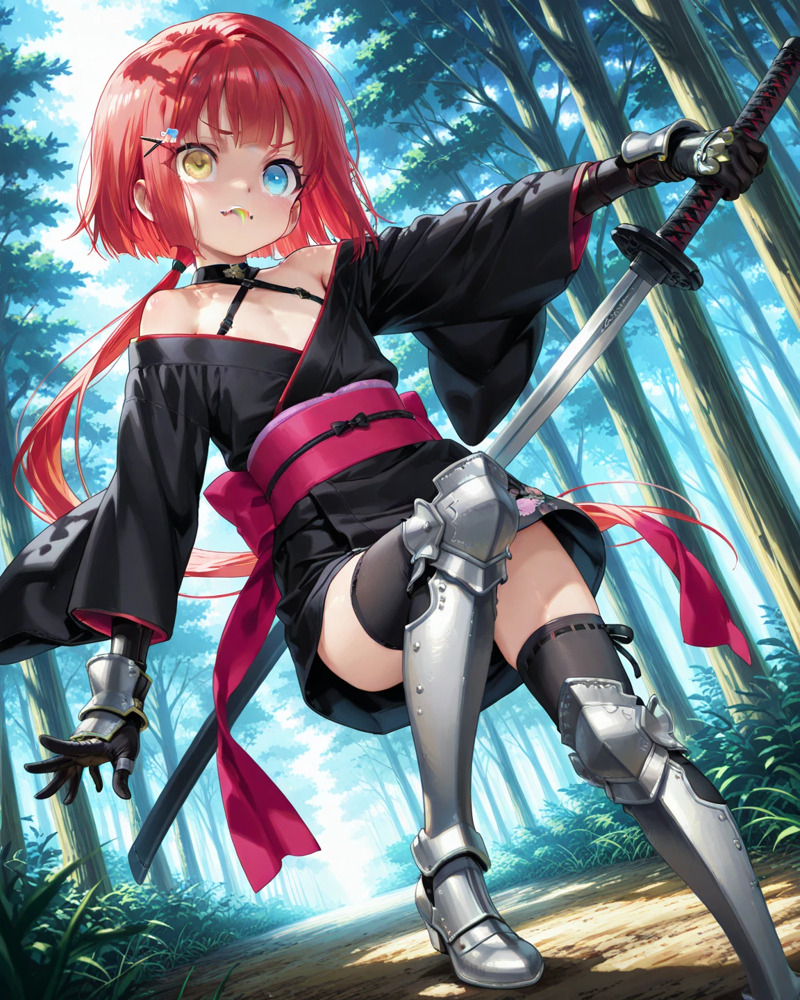 black pantyhose, 1girl, against_tree, red armor, red cape, muscles, large thighs, armored_boots, red hair, angry look, big ass, bamboo, bamboo_forest, bangs, boots, branch, breastplate, large breasts, closed_mouth, day, elf, fireflies, foliage, forest, from_behind, garden, gate, gauntlets, grass, high_heels, ivy, jungle, knee_boots, leaf, leaf_background, long_hair, looking_at_viewer,  looking_back, palm_tree, park, path, pauldrons, pillar, pine_tree, plant, pleated_skirt, pointy_ears, purple_eyes, red_skirt, road, ruins, shoulder_armor, skirt, soil, stairs, standing