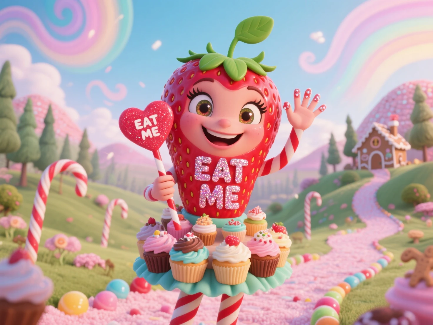 A whimsically designed anthropomorphic strawberry pop girl with a radiant smile and sparkling eyes. She stands confidently in a setting reminiscent of a  wonderland, with sugar-coated hills and a sky painted with swirls of pastel colors. Her body is shaped like a strawberry pop, complete with a green leafy hat and a red and white twisted stick as her torso. She wears a delightful skirt made of layered cupcakes with frosting that matches the vibrant tones of her strawberry pop body. Each cupcake has a different flavor and topping, adding a playful 
variety to her ensemble. In one hand, she holds a heart-shaped sign that reads "EAT ME" in bold, glittering letters, inviting onlookers to indulge in her sweetness. The other hand is raised in a friendly wave, showcasing her -coated fingers. The scene is enhanced by a soft glow, suggesting the sweetness of her personality radiates 
throughout the image. The background features a -cane forest and a gumdrop path that leads to a distant 
gingerbread village, setting the stage for a tantalizingly whimsical adventure.