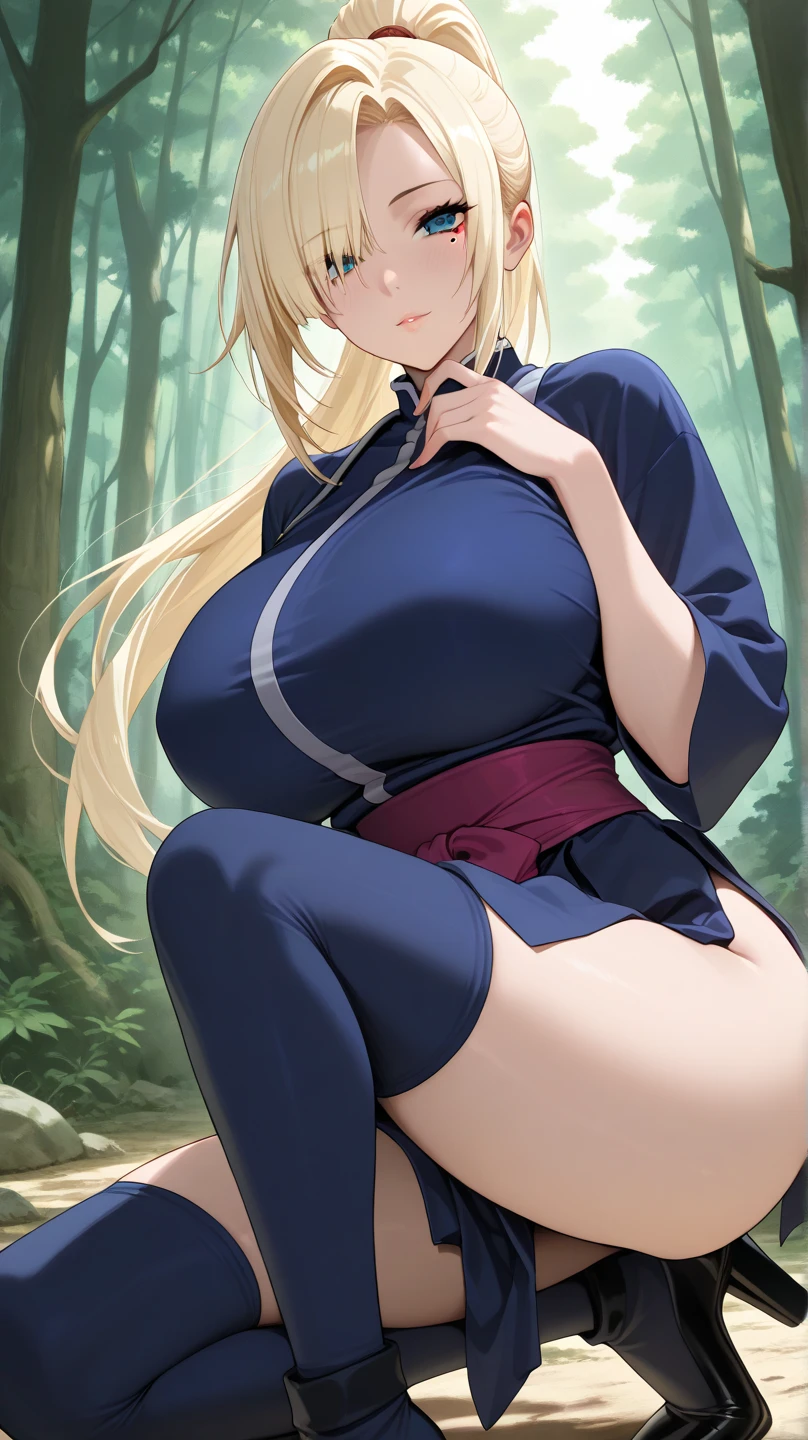 Highest quality　yukata　One Girl　Blonde　Blue Eyes　Large Breasts　Open your front　Masturbating　Dark forest near the shrine　Leaning against a tree　yukataの隙間から全裸が見える　Are standing　Touching one&#39;s genitals　The strip is loose　Wet crotch　White Breath　Close ~ eyes　Spread your legs wide　Long legs
