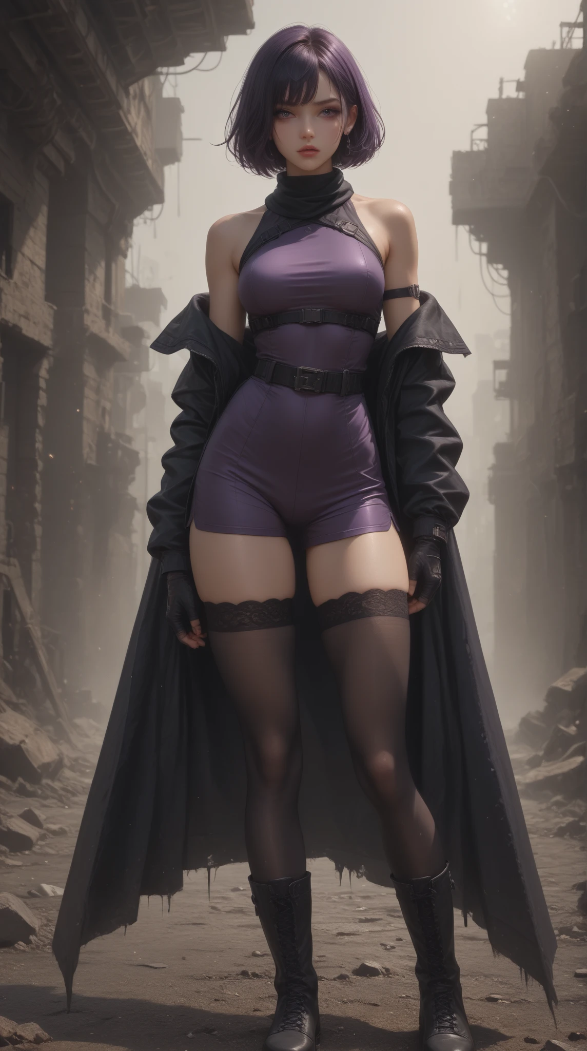 Masterpiece, standing straight symmetrical, full body female drow elf slave wearing an adventurer outfit, black blindfolded, (very purple skin)
