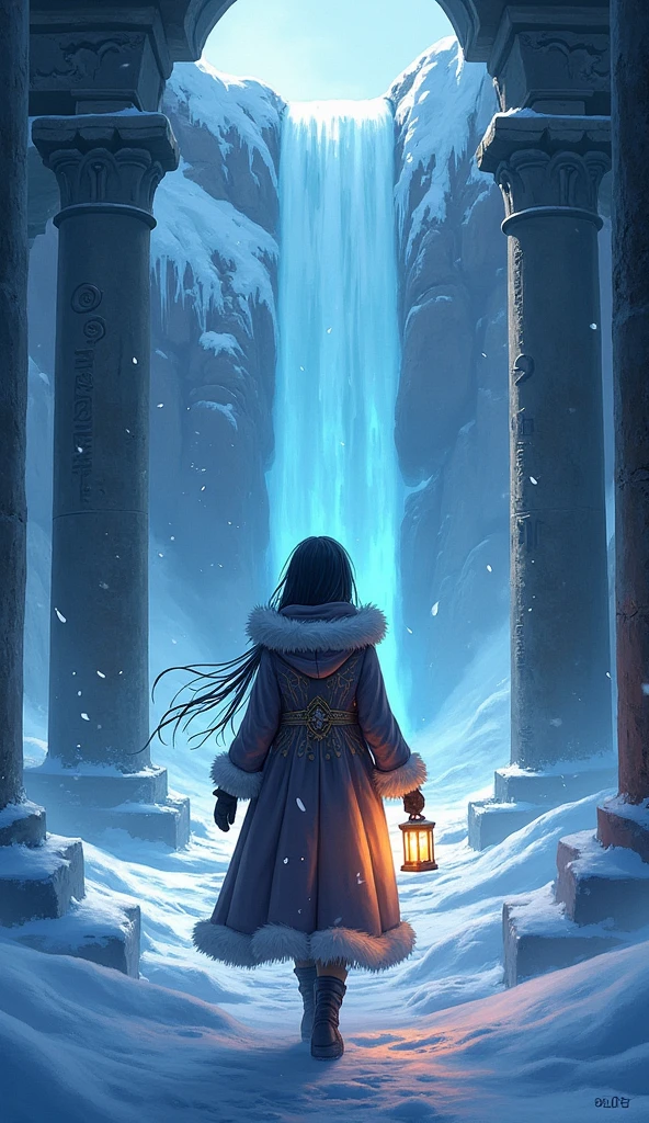 prompt: |
  An 18-year-old young girl walks carefully through an ancient temple buried beneath layers of snow and ice.  
  Towering stone pillars, covered in frost, stand as silent sentinels beneath the northern sky.  
  A grand frozen waterfall cascades behind her, glistening under the soft light of a hidden sun.  

  She wears a warm yet elegant winter outfit—an ornate coat with fur trim, lined with golden patterns hinting at lost civilizations.  
  In her gloved hand, she carries a delicate lantern that glows with an otherworldly blue light, casting long shadows on the icy ruins.  

  Strange symbols carved into the stone faintly glow beneath the frost, as if whispering their forgotten secrets.  
  The wind carries the distant echo of ancient voices, merging with the soft rustling of snowflakes drifting to the ground.  

style: FLUX, cinematic, high-detail, mystical lighting, anime promotional, ancient ruins, frozen temple.
