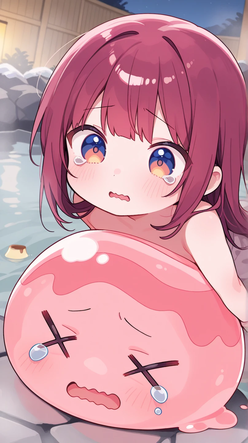 1girl, solo, blunt bangs, , braid, brown eyes, twin braids ,brown hair, chibi, 10years old (large Breasts:1.2), nsfw, nipple, naked, empty eyes, frozen ,amusement park, ,Wet, crying ,, Naked, , Peeing, lactation, projectile lactation