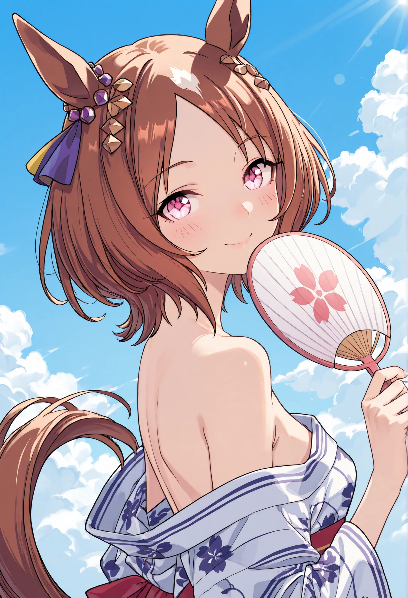 {{{1woman:1.3}}}, ,{{{ Sakura Laurel:1.5,laurel hair ornament,Flower-patterned eyes,flower-patterned eyes,Uma Musume:1.4,Horse Ears:1.4,Horse Tail,}}},{{{small breasts }}}{{{masterpiece}}},{{{top quality}}}, {{Super Detailed}}, {{very delicate and beautiful}}}, {{{8k}}},{{{flat color:0.6}}},{{{type-moon:1.5},{{{face focus:1.4}},{{{sexy pose}},,{{{simple back ground}}},{{{sexy pose,dynamic pose}}}{{{smile}}} }{{{batch:1.5}}}{{{face focus}}},{{{flat color:0.6}}}\(umamusume\),clean lighting, front-facing, neutral background, realistic anime style, upper body portrait,{{{white yukata,Off-the-shoulder yukata,shoulder off:1.4}}},holding a fan,Blue Sky,Summer Clouds, sunshine