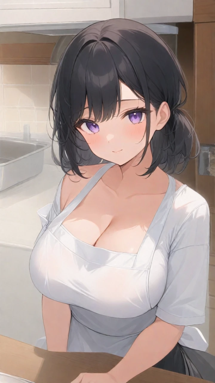 Naked girl with violet hair and violet eyes, wearing a tight white kitchen apron, washing dishes in the kitchen 