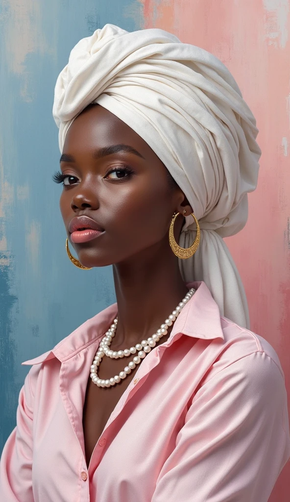 girl with a bare shoulder. wearing a loose white cloth hairwrap, inspired by West African clothing. worn by a girl with a pearl earring
