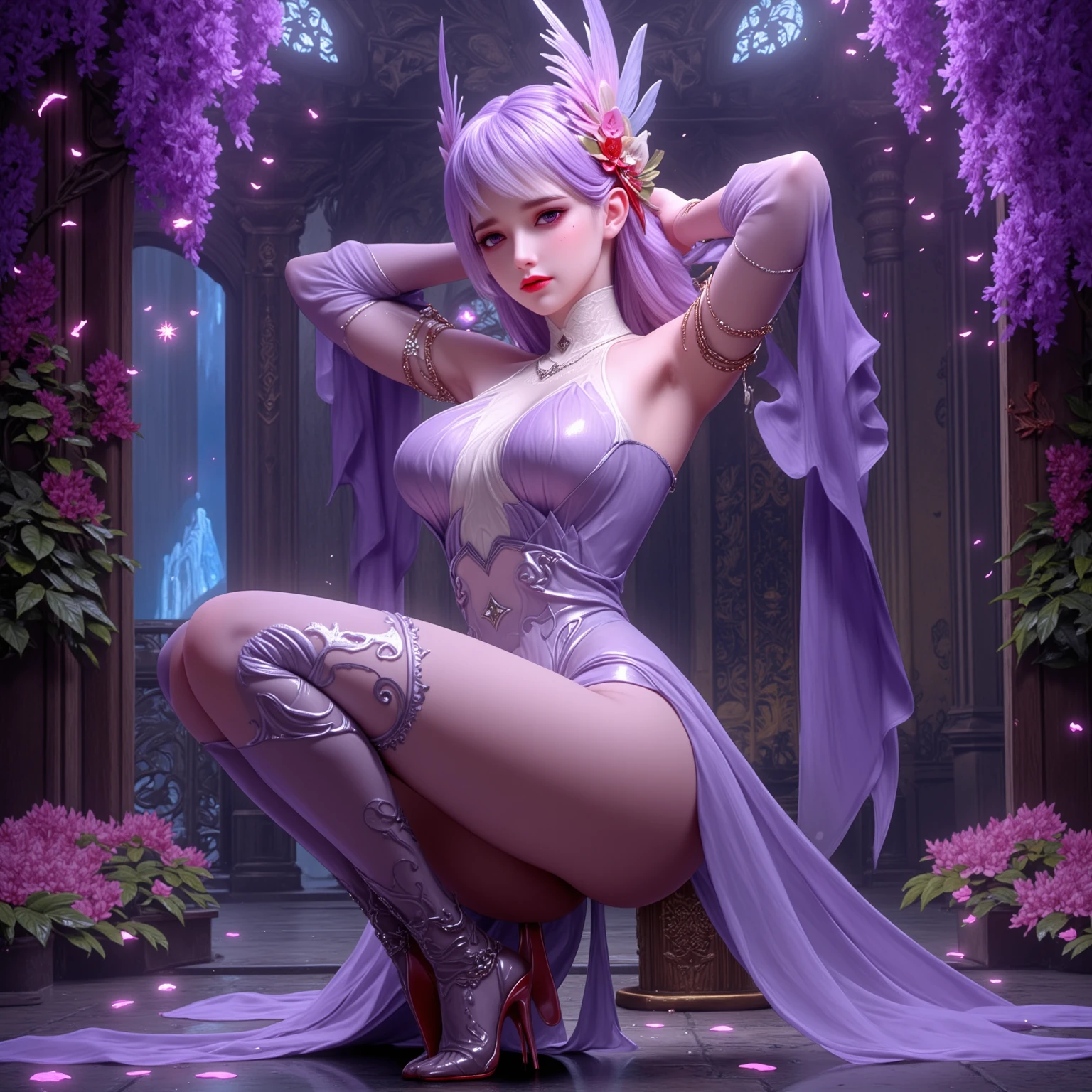 Highest quality, masterpiece, highest resolution, wallpaper, (1.4 realism), young girl, blue-purple gradient, hair blue-purple gradient, full body, white stockings, cleavage.