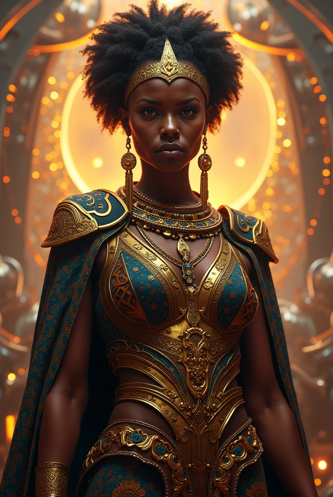 a beautiful black african princess, detailed face, full body shot, afrofuturistic, afro futurism, intricate detailed dress, regal jewelry, glowing skin, striking eyes, lush environment, dramatic lighting, high quality, photorealistic, 8k, HDR, cinematic composition