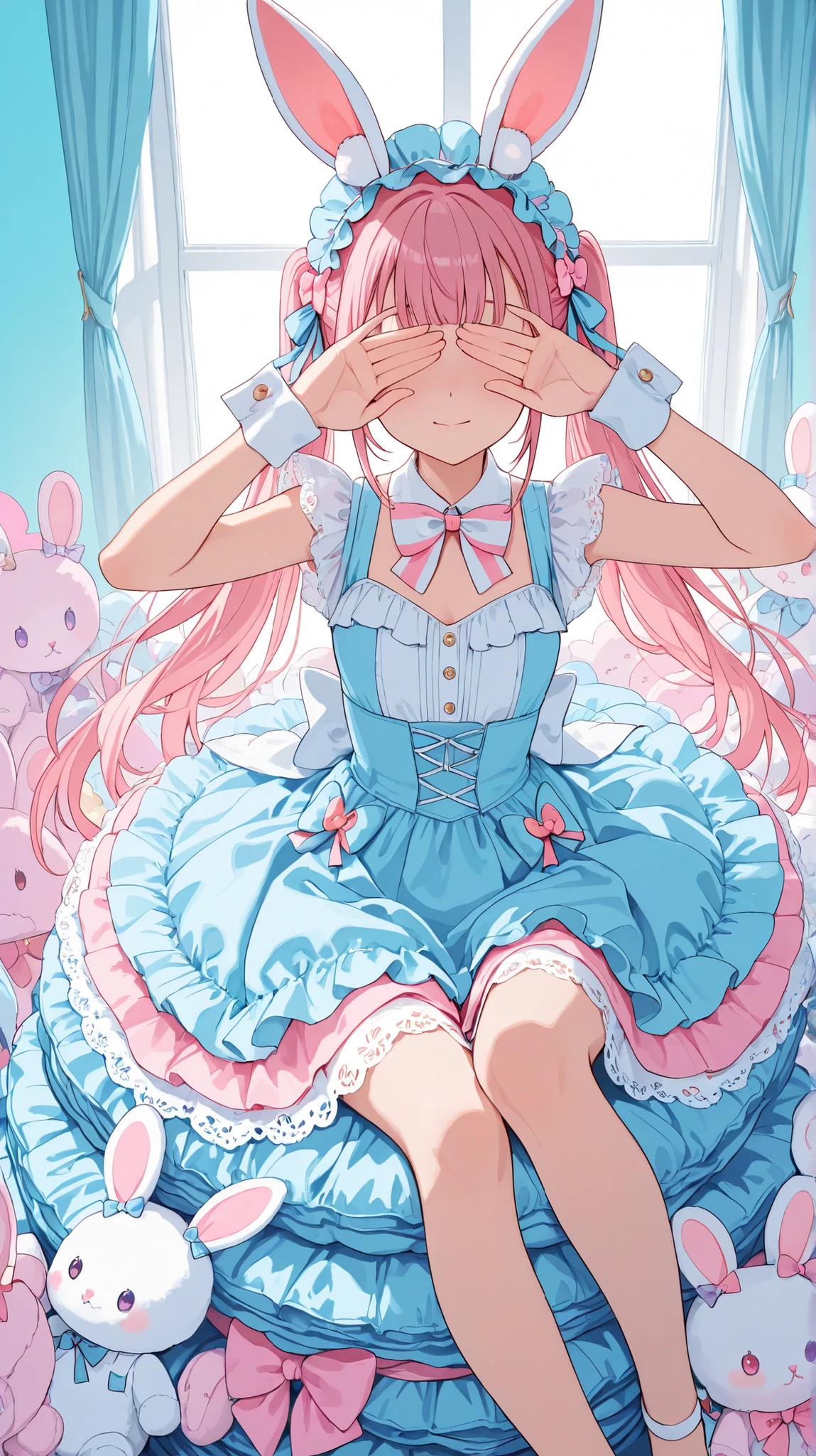 score_9, score_8_up , score_7_up , score_9,Score_9, Score_8_up , Score_7_up ,Create a two-dimensional dream-style picture, focusing on the character's characteristics and scenes: long pink hair (rabbit ears headdress, tulle), sweet-style clothing (pink and blue color, lace, bow), sitting posture (pile of plush), covering the eyes with hands, placed indoors (solid color background, soft light), using the environment to highlight the two-dimensional dreamy delicate texture and sweet atmosphere.