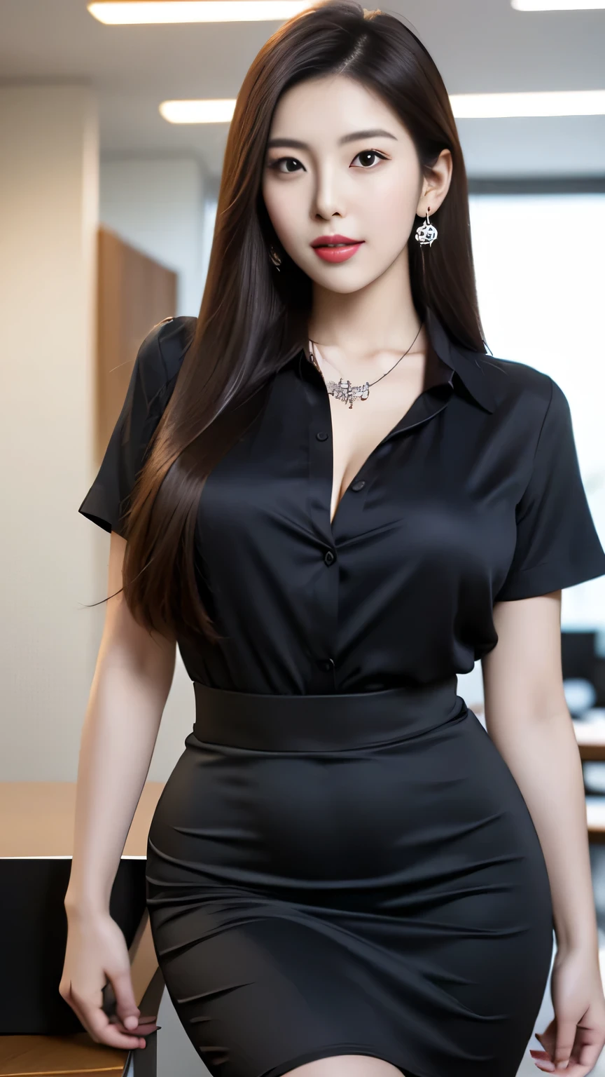 Elegant upper-class elite secretary，Wear a luxurious silk top, Skirts and thighs、27yo、big breasts body　162cm、Take a walk along the hallway、office clothes, (Wear pantyhose,Realistic pantyhose)、working in an office、wearing a strict business suit, Wear high-end heels、 Shirt girl, Wear an elegant shirt, Wear an ultra-thin top, merchant, Shirts and skirts, Wearing a silk shirt, Wear a shirt and skirt, 　　　　　　RAW photo, (8K、top-quality、tmasterpiece:1.2)、(intricately details:1.4)、(Photorealsitic:1.4)、octane renderings、Complex 3D Rendering Ultra Detail, Studio soft light, rim lights, vibrant detail, super detailing, realistic skin textures, Detal Face, Beautiful detail eyes, Very detailed CG Unity 16k wallpaper, Make up - up, (detailedbackground:1.2), Bare with thighs!!!,