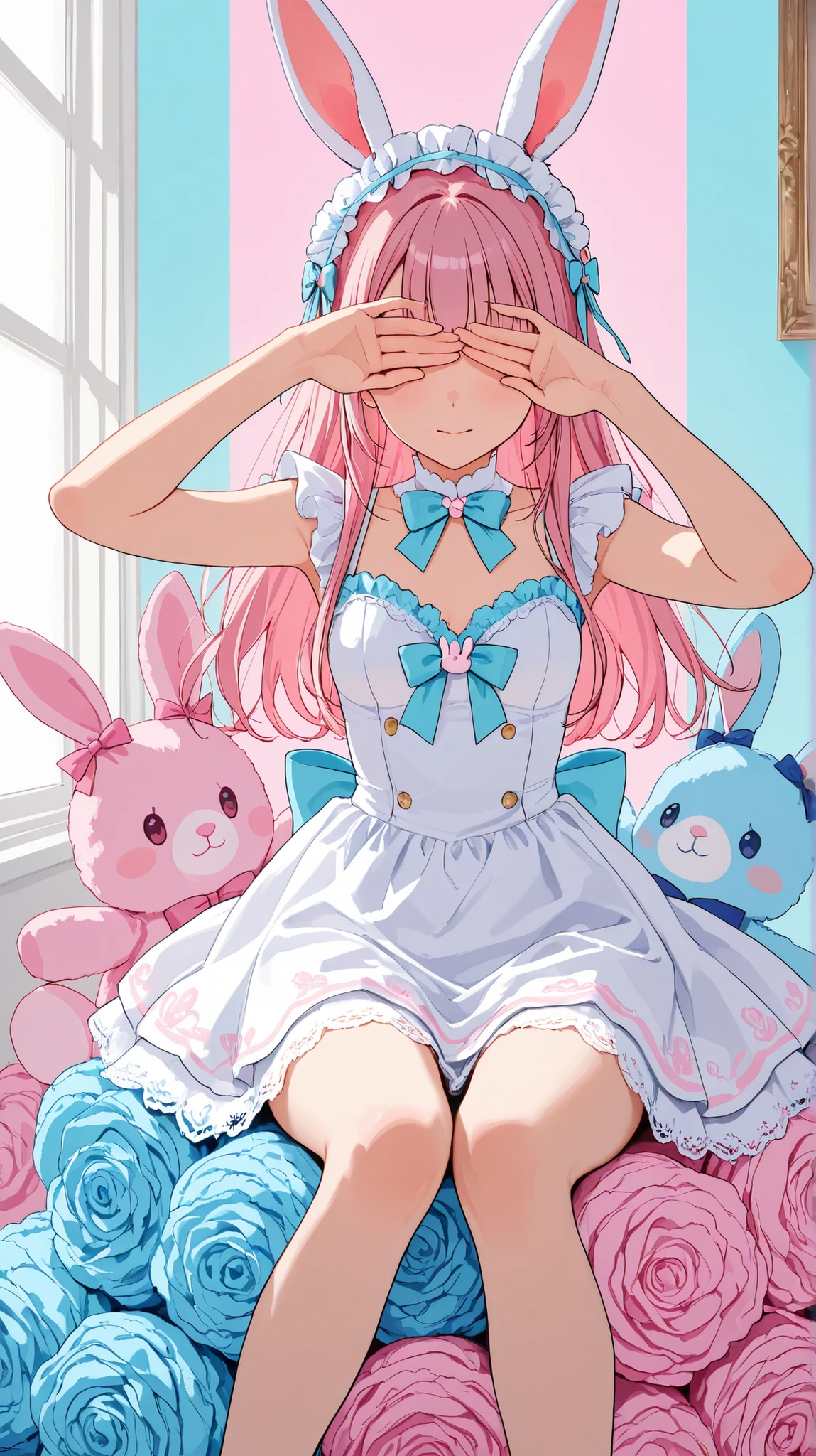 score_9, score_8_up , score_7_up , score_9,Score_9, Score_8_up , Score_7_up ,Create a two-dimensional dream-style picture, focusing on the character's characteristics and scenes: long pink hair (rabbit ears headdress, tulle), sweet-style clothing (pink and blue color, lace, bow), sitting posture (pile of plush), covering the eyes with hands, placed indoors (solid color background, soft light), using the environment to highlight the two-dimensional dreamy delicate texture and sweet atmosphere.