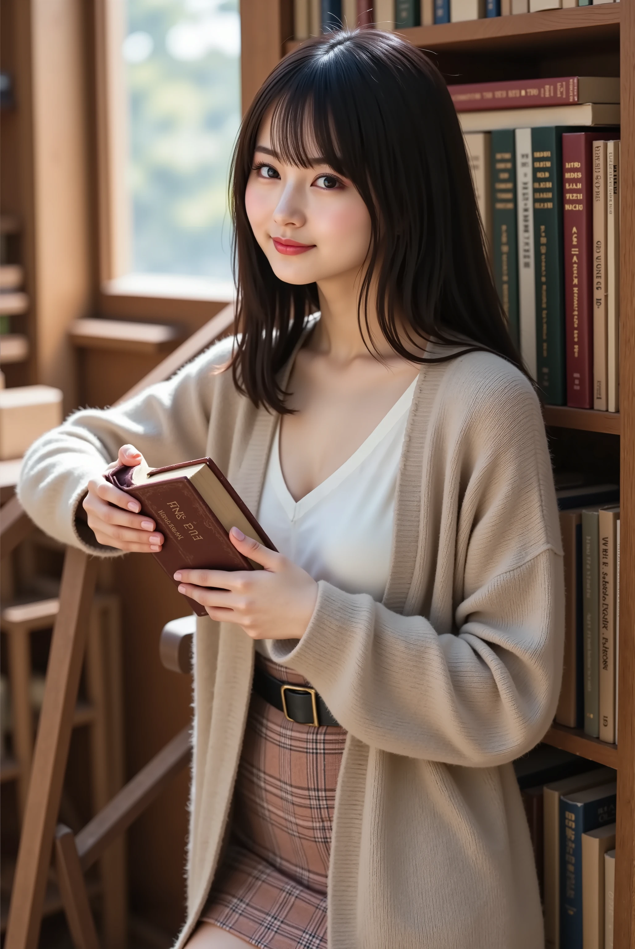sakura,professional photography, masterpiece, high resolution, a knee-up portrait of a 20-year-old intelligent Japanese woman with a delighted smail of discovery, working as a librarian in the quiet, tall stacks of a university library's special collections. She has delicate Japanese facial features, a soft angular jawline, high cheekbones, a small refined nose, and large, curious eyes. Her skin is porcelain-smooth, showing realistic texture in the soft, dusty light. Her long, black hair is styled with a simple clip to keep it from her face. She wears a chic, scholarly V-neck cardigan over a simple top, paired with a plaid mini skirt. The cardigan's neckline accentuates her voluptuous, ample bust and a tasteful, deep cleavage. She is standing on a rolling library ladder, having just retrieved a large, ancient leather-bound tome from a high shelf. She looks down at the camera, sharing her find. The composition is a professional portrait, aspect ratio 2:3, filled with a sense of wonder and knowledge. Shot on a Canon EOS R5 with an 85mm lens at f/2.8, ISO 800, and 1/125s shutter speed. The lighting is atmospheric, with low ambient light supplemented by shafts of light filtering down between the towering bookshelves, illuminating dust motes in the air. The color palette is warm and muted, with the rich colors of old books and dark wood. The level of detail is hyperrealistic, capturing the cracked leather and gilded title of the ancient book, the texture of her cardigan, the grain of the wooden shelves, and her intelligent, joyful expression. The mood is quiet, intellectual, and magical.