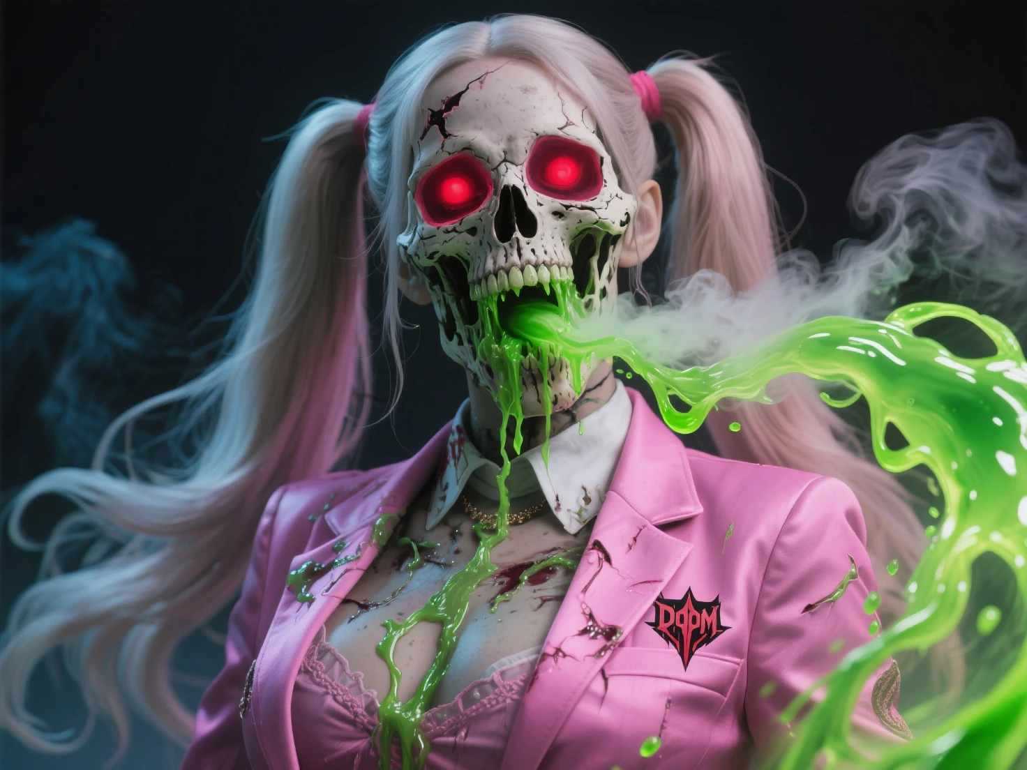 ((corpo inteiro):1.5), {((apenas uma mulher))}, is wearing {((Translucent exoskeleton:1.4, com fios de neon detalhado))}, {((ela tem cabelo branco muito longo, olhos verdes brilhante)), she is looking at the viewer, {((olhando para o espectador, sorrindo)), ((she's doing a pose))}, {plano de fundo:(((apocalyptic city full of undead people of different ethnicities, It's night, chovendo forte)))}
