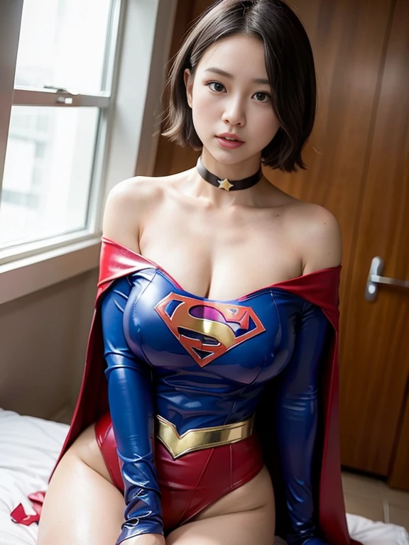 masterpiece、Enamel Supergirl Costume、Short Hair、Hospital operating table、Crisis situation、Big and ample breasts、looking at the camera、Shiny、Off the shoulder、choker、Long sleeve、Red exy poses to seduce、Sweaty、Model Body Type、Alluring、charm、Enchanting、abused、test subject、victim、Wild、Photorealistic、latex、