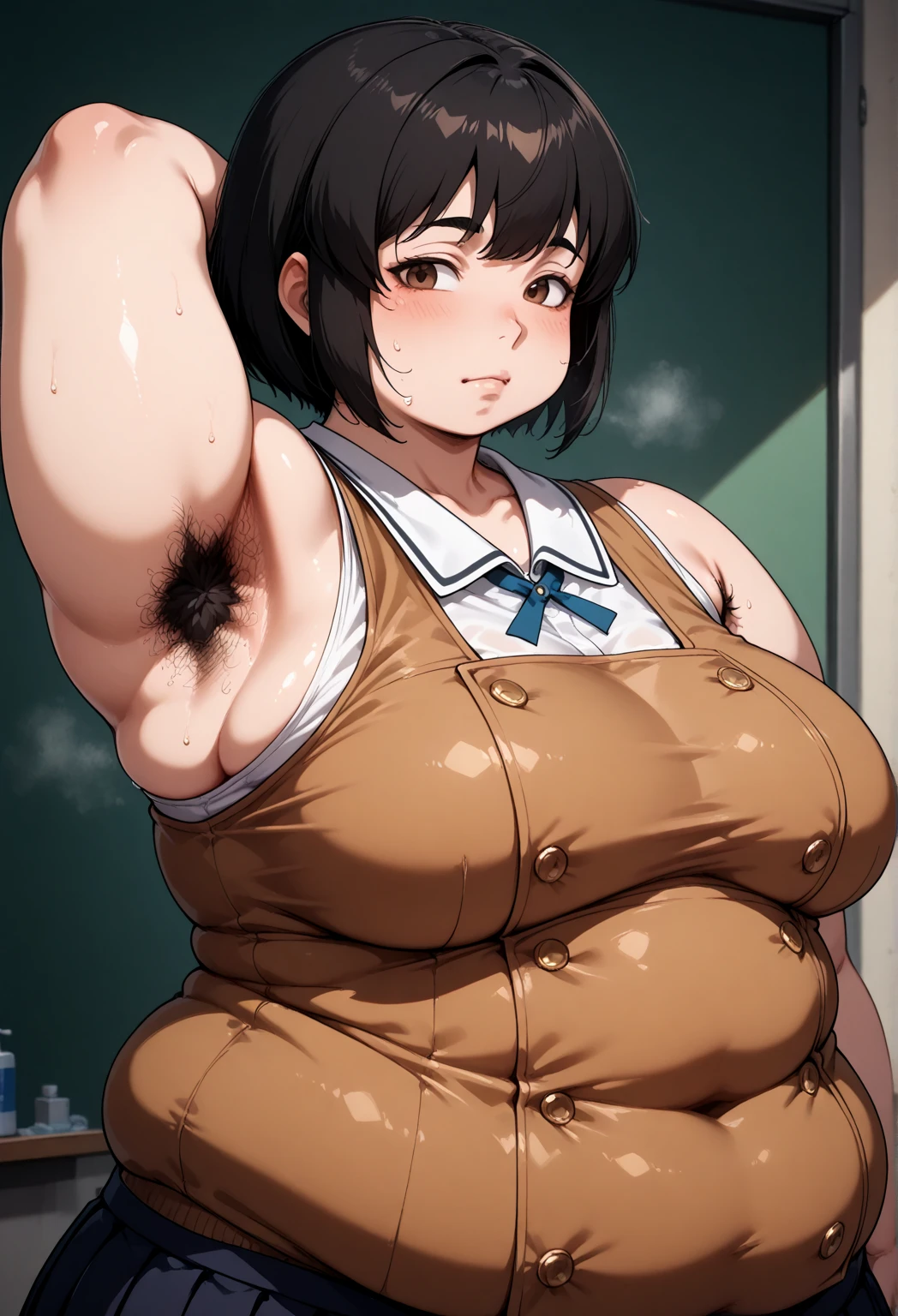 (1milf, solo), sitting, (sleeveless shirt, bartender uniform, bow tie), French twist updo, embarrassing big smile, (masterpiece best quality), delicate illustration ultra-detailed, sagging huge breasts, (bar counter, cashier), work desk, detailed background, (((showing hairy armpit hair))), thick makeup, upper body only, pamphlet, in bar counter, sweating, menu, whiskey bottles, bar atmosphere, scattered cum shot, hairy stomach hair 