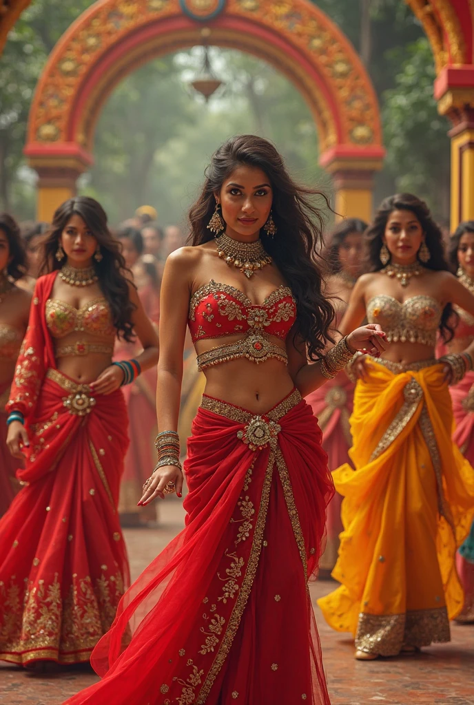 Ultra hd, full hd 8k regulations, masterpiece, ultra realistic, hyuga Hinata, An Extremely Realistic cute Indian Woman, a very beautiful, Indiana, Indian saree and big breasts covering with blouse full body, Indian Makeup, wearing jewelry, Mehdi on hands, Indian themed background seductive, Indian dancing poses, on holi festival