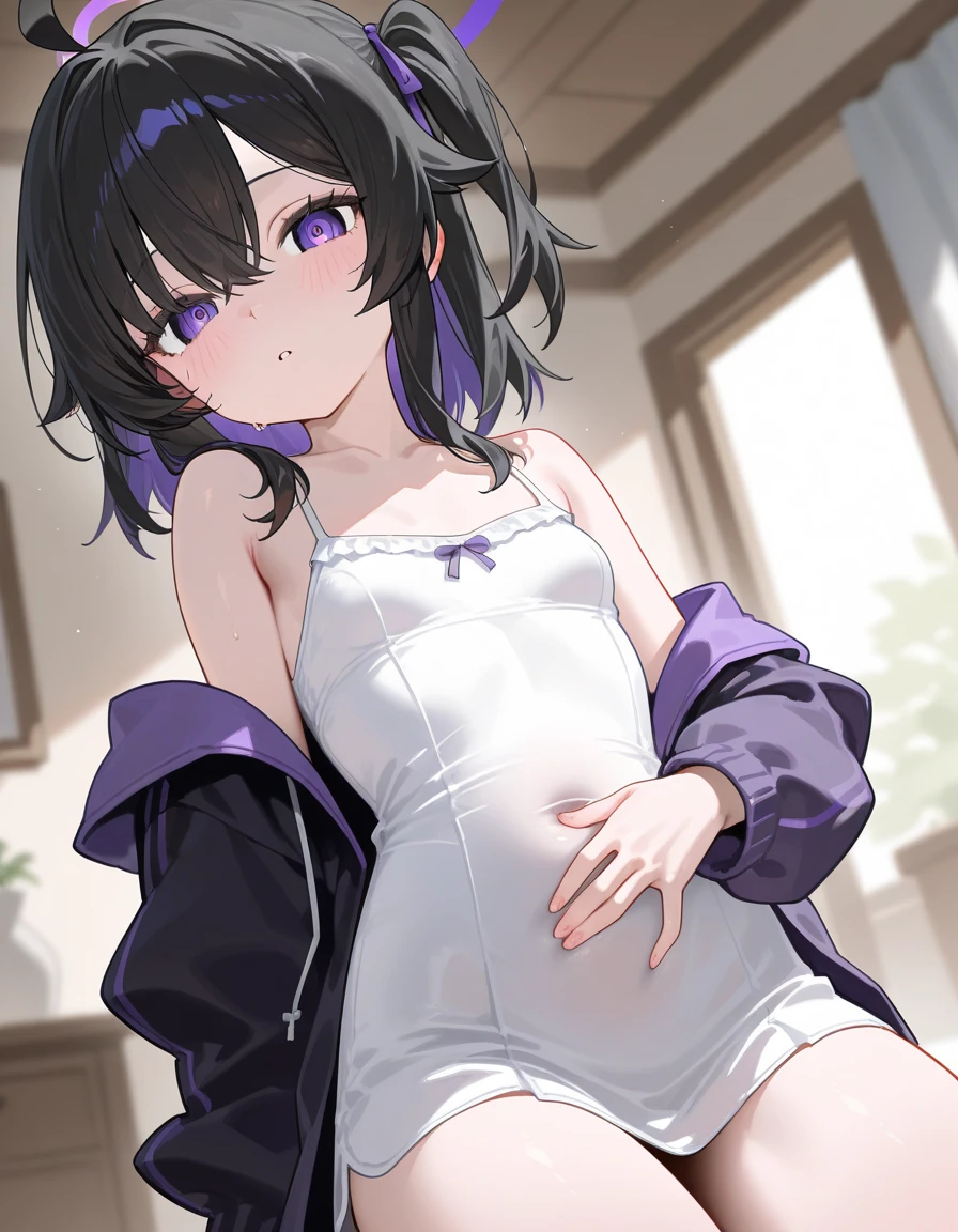 masterpiece,best quality,ultra detail, (loli girl), (small breasts), short brown hair, purple eyes, (outfit cowprint bikini), open mouth, shy, blush, viewer's view from below, thighs, beach scene, only naked bikini, (nsfw)