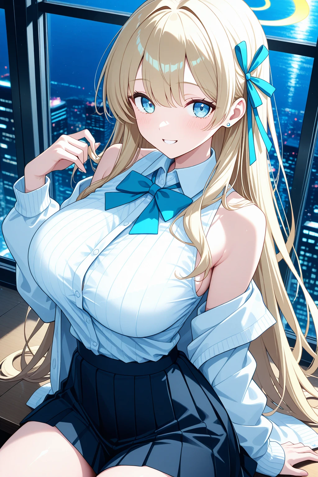((One girl)), Beautiful Face,An evil smile,Blushing,Glossy Lips,Abstract, Harbor night view, ((Anime style background)),masterpiece, highest quality, so beautiful, Absurd, up to date, Complex details, Pink long nails,AI-generated, Complex,High resolution, highest quality, super high quality,3D Images、View the viewers、3D Images,one person,Long Blonde Hair,High Ponytail,blue eyes,Anime girl posing for photo, [[Fine grain、Colorful eyes、Shining Eyes:1.15]],(Squint your eyes:1.1),a hyperRealistic , hyperRealistic , Realistic , blonde anime girl with long hair, Smooth anime CG art, Beautiful anime school girl,White long sleeve blouse,Blue checked skirt,Big blue chest ribbon, Earrings,(Large Breasts:1.3),Mature Body,tall,Big Ass,Fine details,Abdominal muscles,(Look Back),Stick your butt out,Put your hands on your face
