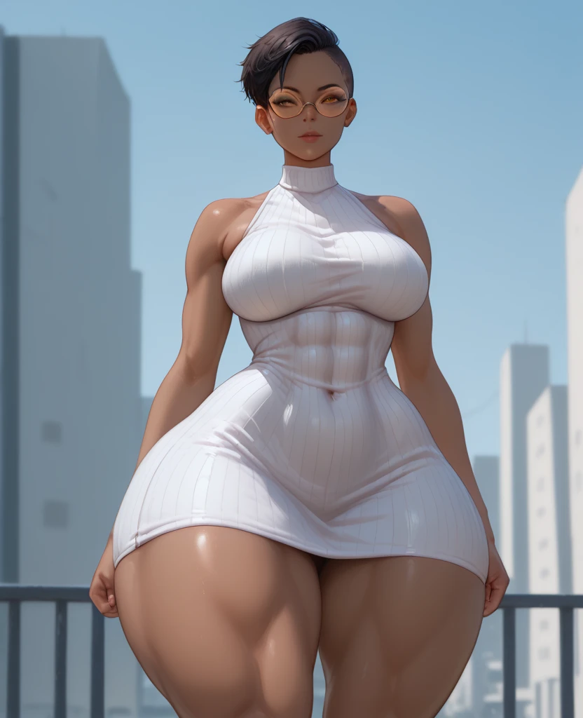 best quality, ultra-detailed, hyper realistic, 8k, full body shot, 23 years old, Nigerian beautiful girl, round shaped face, dark black skin, highly detailed skin with blemishes, ebony, dark natural afro hair, fit athletic figure, full body, big natural E cup breasts, wide hips, wearing sexy white dress, cleavage, provocative expression, smiling, sexy alluring pose, realistic skin, in the crowded streets at night