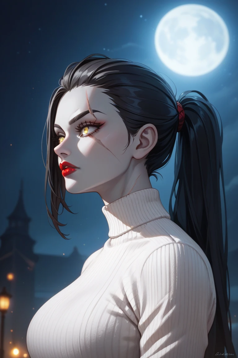 ((masterpiece), best quality, high quality, professional quality, highly detailed, highres, perfect lighting, natural lighting), terrifying, bloodthirsty succubus, Dark Skin, Brunette with a high ponytail and sleek straight hair, terracotta gloss lipstick, A shattered door revealing a dark room filled with unknown horrors, minotaur, perfecteyes eyes, <lora:lora_perfecteyes_v1_from_v1_160:1>