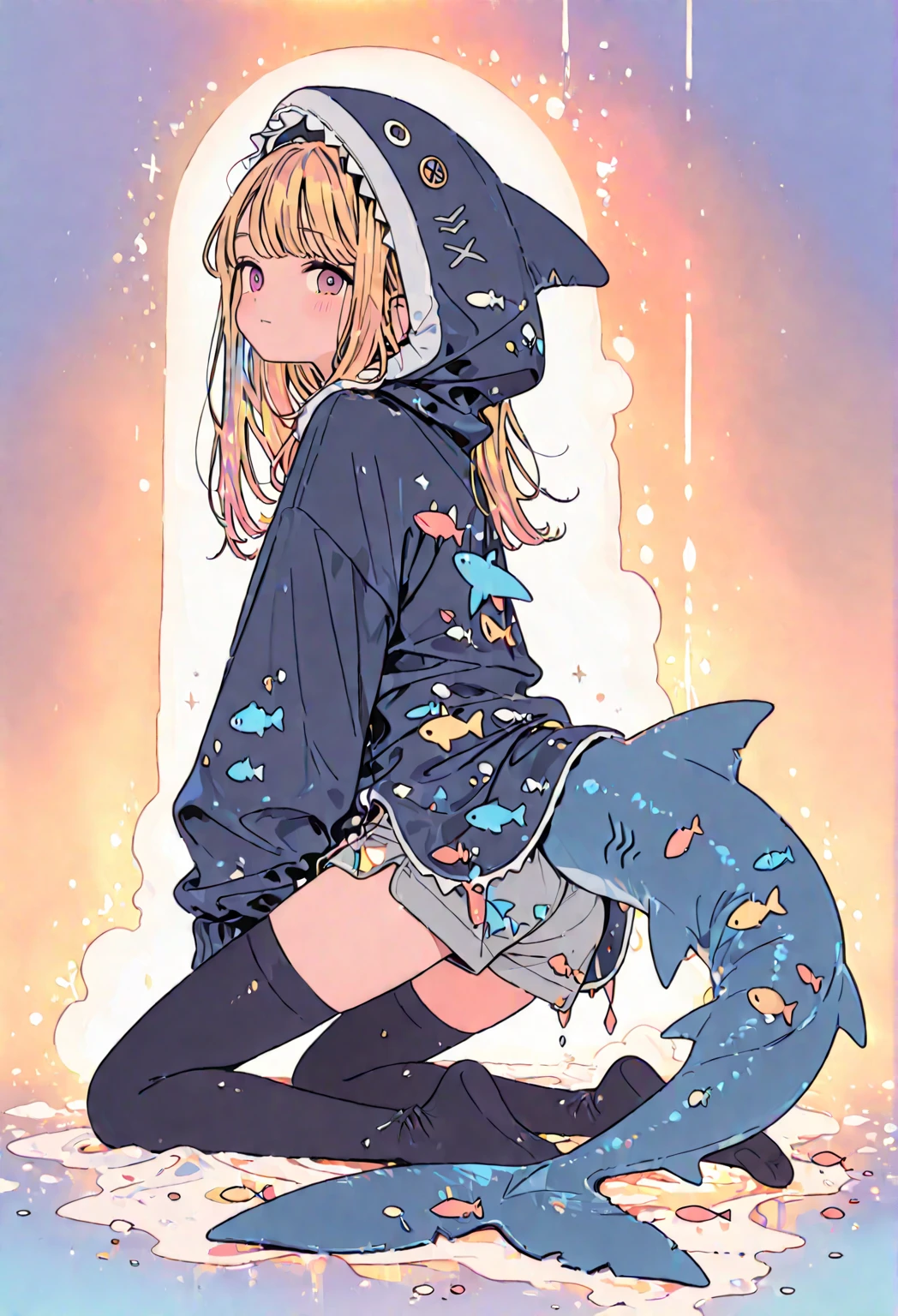 Chibi, Rain poncho, Shark Hat, Shark Backpack, Magic, Underwater, Chibi, Young, Colorful School of Fish, Colorful Coral Reef, School Swimsuit, Active Pose, Pigtails, Rabbit Ears, Small, City Pop Color, Female Grat, Thick Eyebrows, Thin Waist, Beautiful Blonde, Braid, (Masterpiece), ((Best Quality)), (Super Detail), Girl, (Beautiful Eyes)), Beautiful Detailed Eyes, Clean and detailed face, five fingers, textile shading, perfect anatomy,