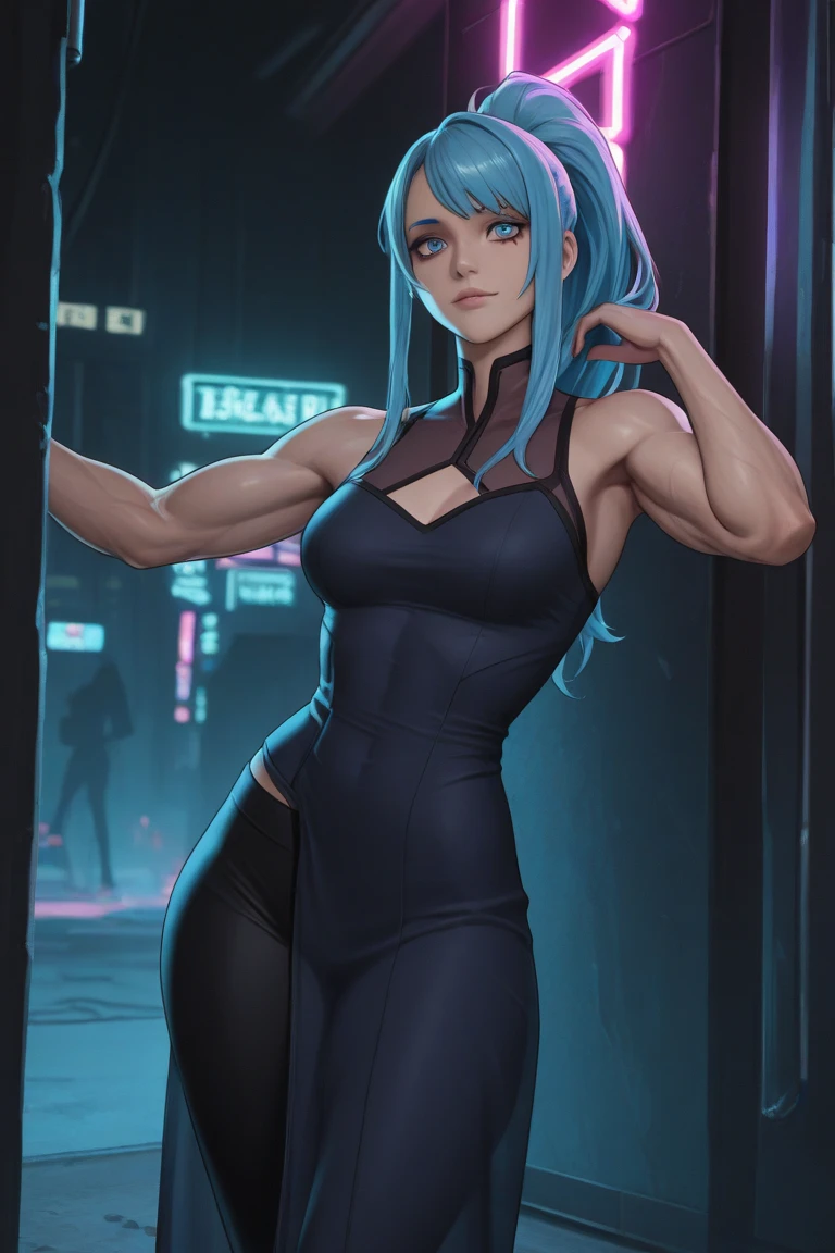 ((masterpiece,best quality)), absurdres,
<lora:Ember_McLain_Danny_Phantom_Anime:0.8>, Ember_McLain_Danny_Phantom, pony tail, aqua hair,
smug, goth, big belt,
blue fire and music notes in background, cinematic composition, contrapposto