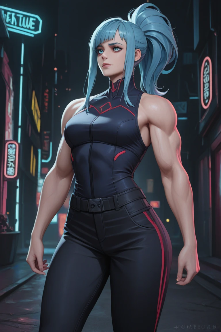 masterpiece, best quality, highres, SuperSaiyan, lu1, cyborg, multicolored hair, makeup, bare shoulders, black leotard, highleg leotard, thong, cyberpunk, train, walking, cowboy shot, super saiyan, spiked hair, aura, electricity