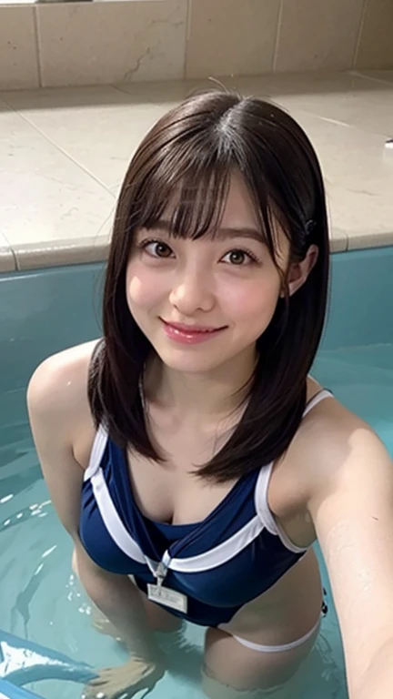 best quality, masterpiece, 1girl, japanese, wearing competitive swimsuit, smiling, at swimming pool, upper body