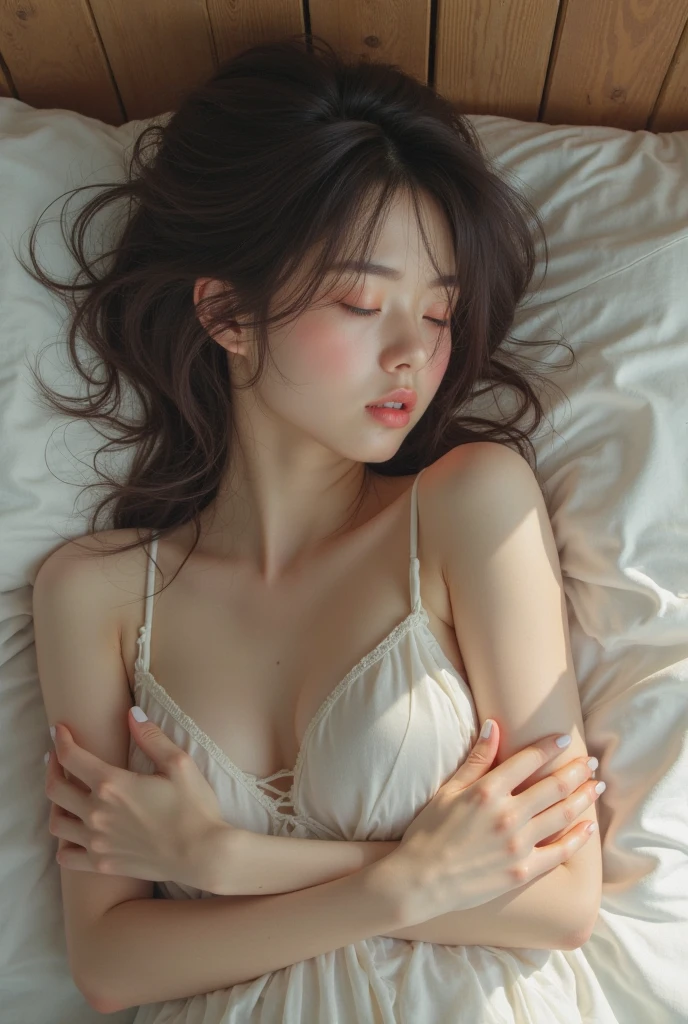 ((Hotel at night, top quality, 8K, masterpiece: 1.3)), dimly lit room, (photorealistic: 1.4), raw photo, (real skin texture: 1.3, 1 girl, has bangs, ((brown hair, middle chest: 1.3)), long hair, (white bra), cotton bra, (on a futon), sleeping on your back, brown eyes, double eyelids, (eyes closed), (upper body), (frontal), Ecstatic expression, mouth wide open, shot from above, (undressed), face up