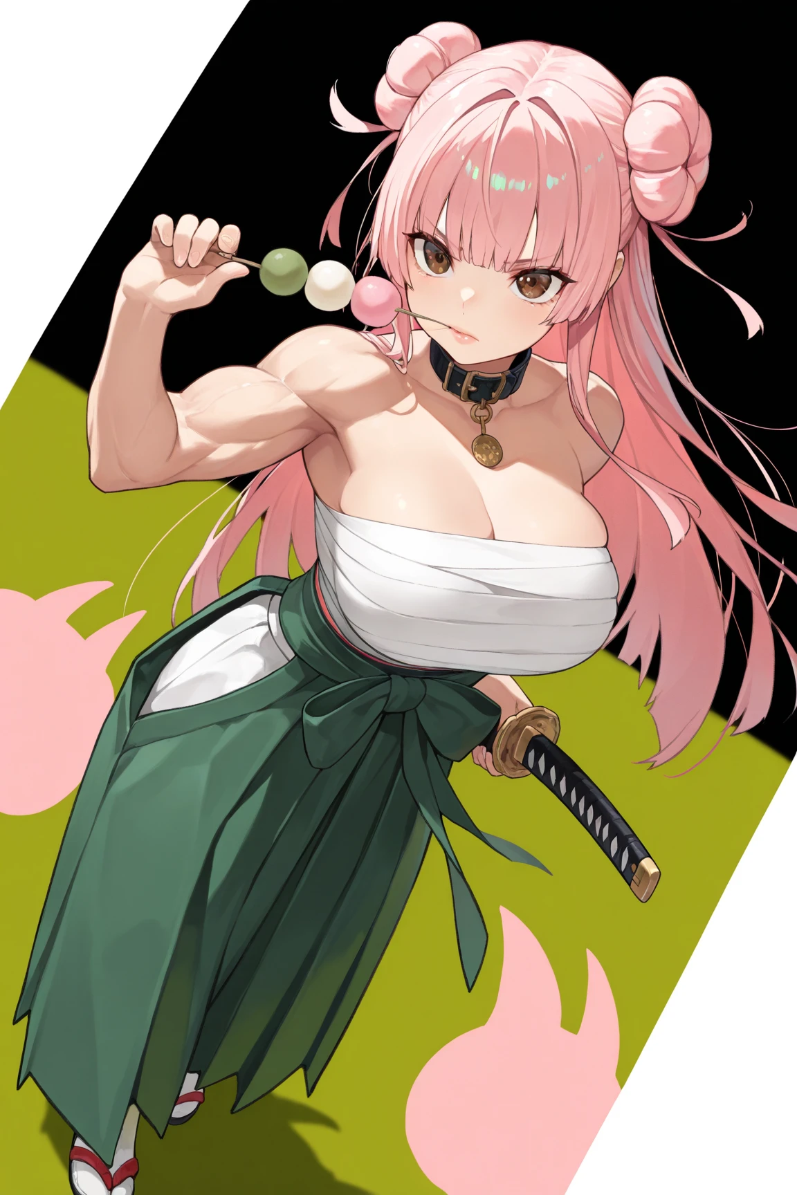 1girl, Mitsuri (demon slayer), beautiful girl, beautiful face, pink hair, green hair, gradient hair, multicolored hair, long hair, bangs, double braids, green eyes, white haori, a black skirt with a silver belt and green striped hips, demon slayer uniform, long sleeve jacket, white haori, black skirt, silver belt, green striped thighs, buxom chested, large_breasts. Holding a katana sword. She's looking directly at the camera with a (fierce, determined, serious) gaze. Her gaze is both alluring and fierce, as she holds the sword with a delicate yet deadly grip. She's standing in a defensive position. (Background: outdoors, night time, simple background, night sky, forest)
