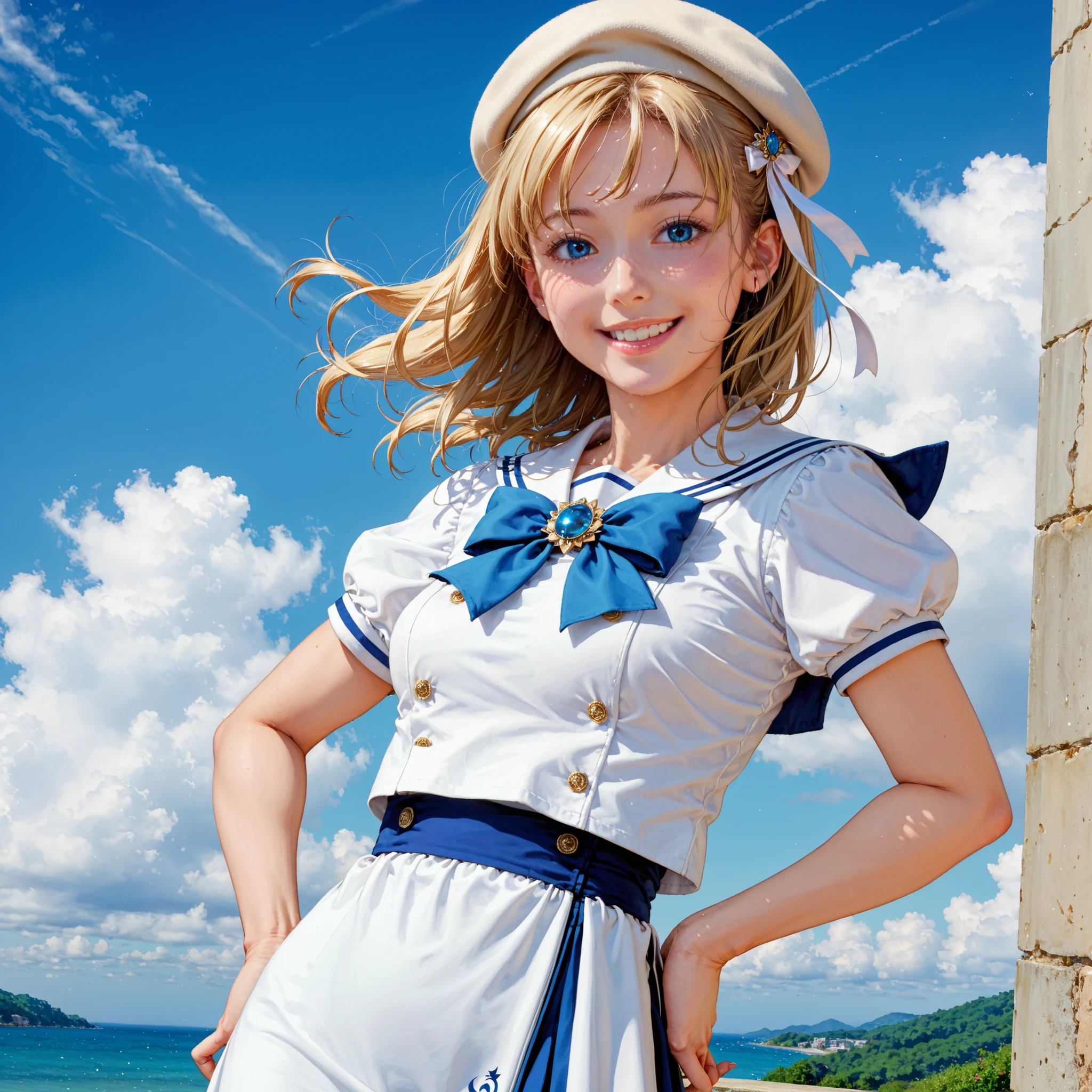 score_9, score_8_up, score_7_up, score_6_up, score_5_up, score_4_up, beautiful , womanhood, High Definition, Extremely Aesthetic, 非常にhigh definition, Newest, advanced details, Extremely Aesthetic,great quality, Extremely Aesthetic, 非常にhigh definition, high definition, Newest, HDR, 8k, high detail RAW color art, Delicate Details, high contrast, detailed background, Alicia, Aria's Animation , blonde hair, blue eyes, single blade, Aeria uniform, beret, blouse, bow tie, brooch, sailor color, Short sleeve, long dress, dress, side slit, sunshine , cumulonimbus cloud, Blue Sky, white gondola , 透き通った青いベネチアの水路を漕いでいる美しいwomanhood , smile