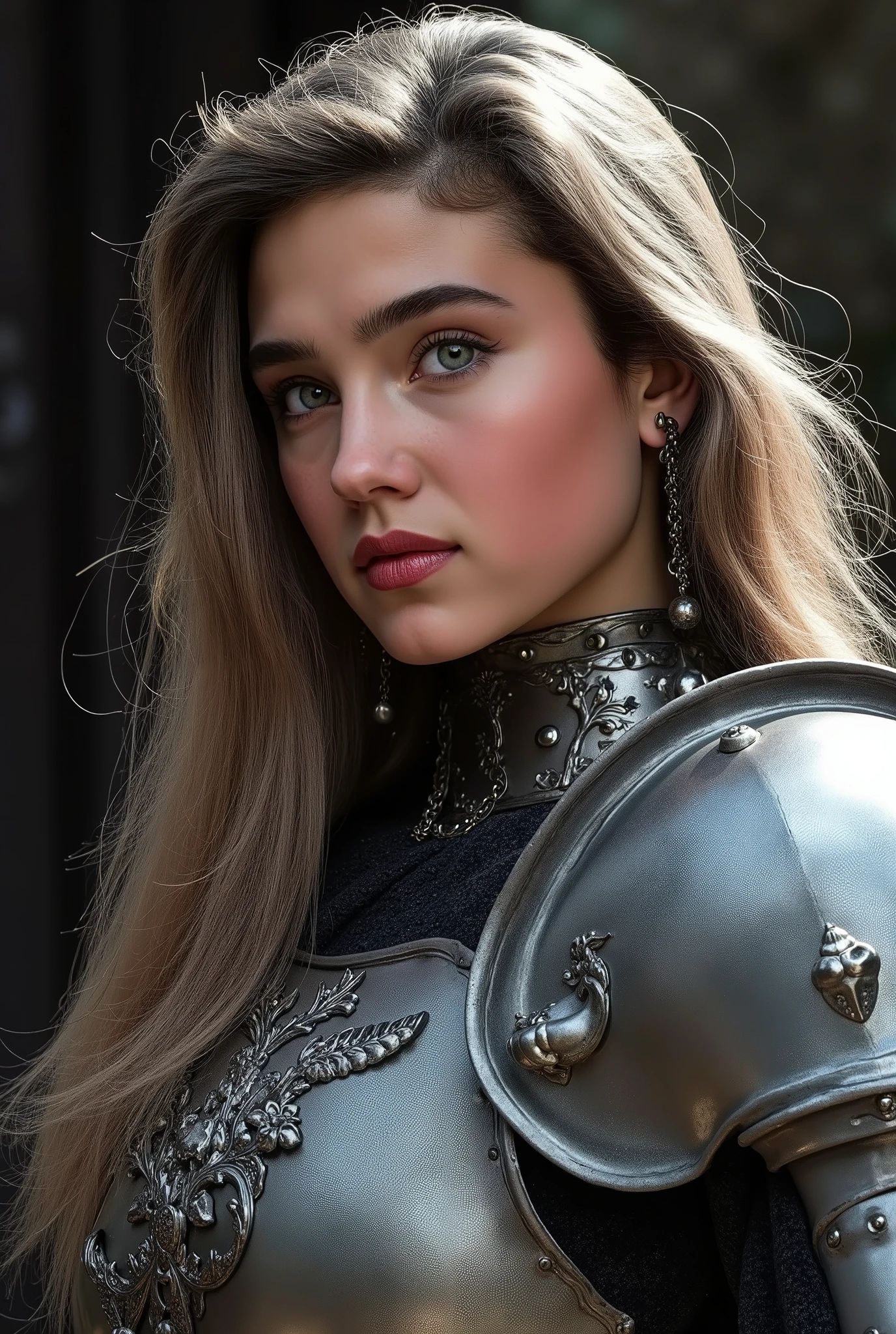 Cinematography by Jennifer Connelly, obra-prima, high definition, alto detalhe, modelo HD, jovem garota, loira, 21 anos, peito tamanho 4, cabelo longo, hair on the forehead , European appearance, dressed in knight armor