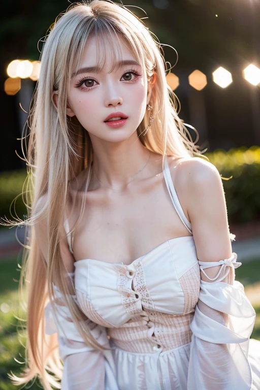 Mini Dress、Silver Hair、Sexy Big ,15 year old beautiful girl looks sexy and cute&Cute beautiful sexy face、A strong wind blows my hair in front of my face、Double teeth、Reduce the appearance of nasolabial folds、Fluttering Exy Big 、Sexy cute looks and cute 15 year old beautiful girl, beautiful and sexy face、A strong wind blows my hair in front of my face、beautiful long blonde French braided hair、beautiful, Cute and sexy eyes hidden behind long bangs、Glare、Tears are welling up in my eyes.、