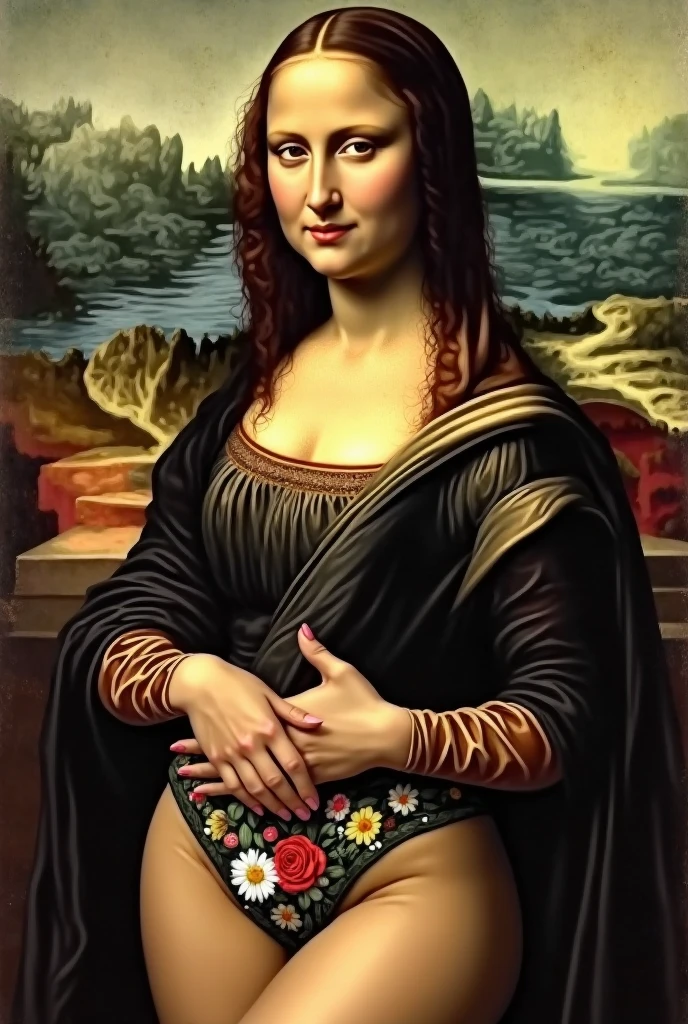 Mona Lisa, full body, 8k, ultra realistic, sharp focus, naked, no cloths, big boobs, wet pussy,